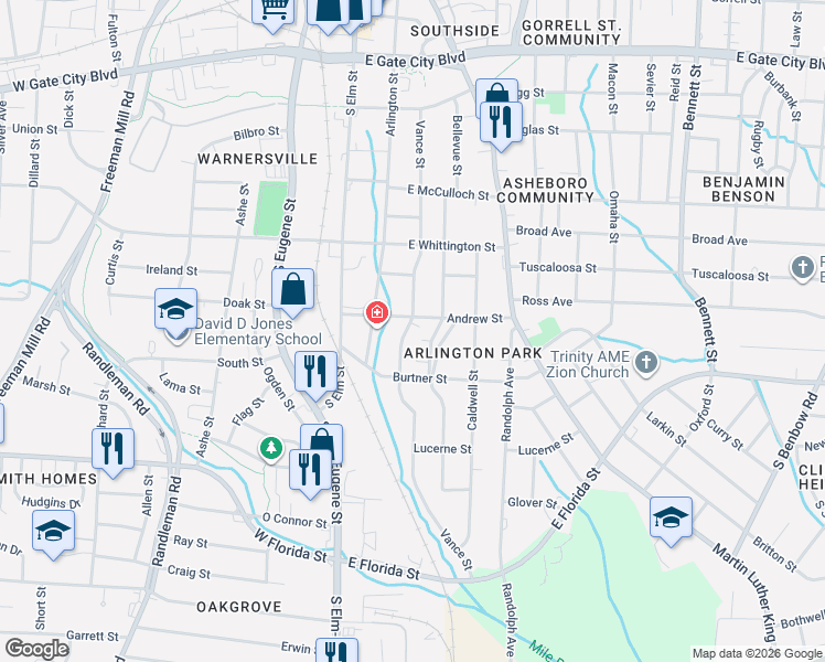 map of restaurants, bars, coffee shops, grocery stores, and more near 1210 Bellevue Street in Greensboro