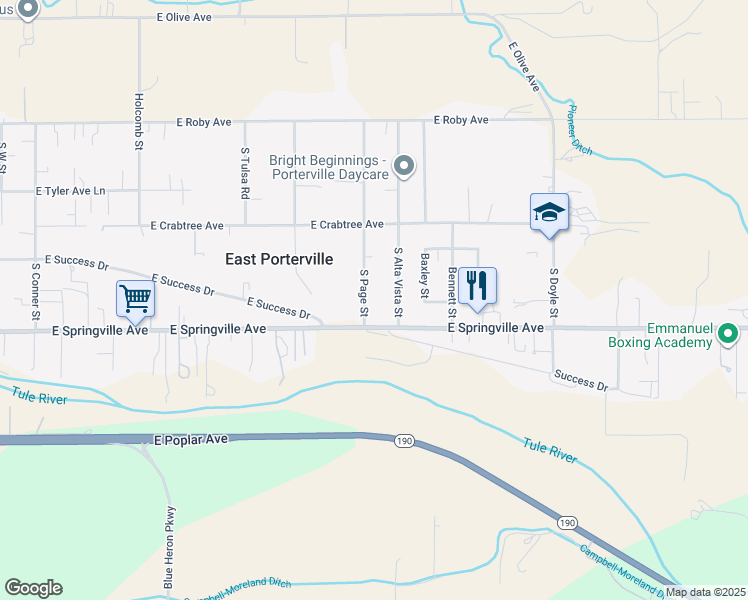 map of restaurants, bars, coffee shops, grocery stores, and more near 548 South Page Street in Porterville