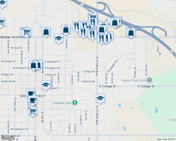 map of restaurants, bars, coffee shops, grocery stores, and more near 814 East Elgin Place in Broken Arrow