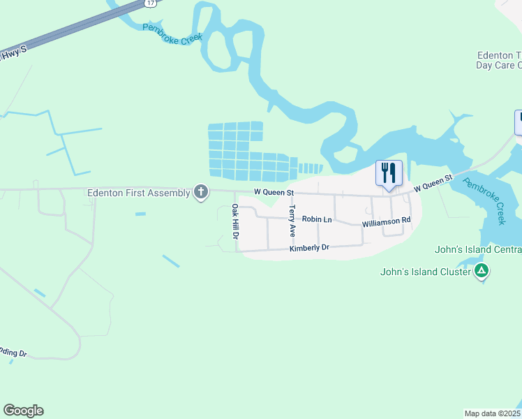 map of restaurants, bars, coffee shops, grocery stores, and more near 407 Robin Ln in Edenton