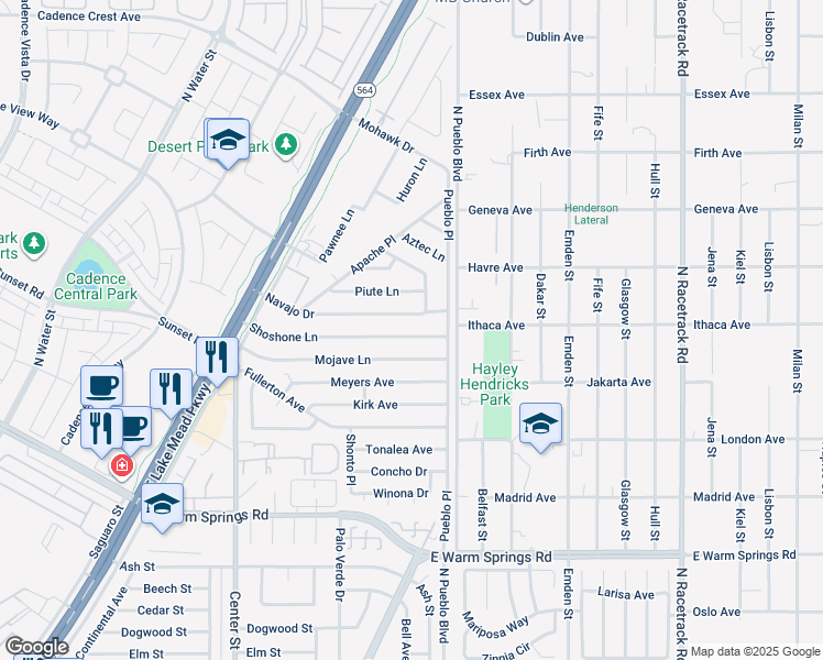 map of restaurants, bars, coffee shops, grocery stores, and more near 249 Shoshone Lane in Henderson