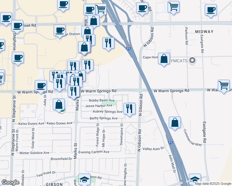 map of restaurants, bars, coffee shops, grocery stores, and more near 1070 Fish Pond Avenue in Henderson