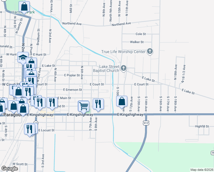 map of restaurants, bars, coffee shops, grocery stores, and more near 106 South 10th Avenue in Paragould