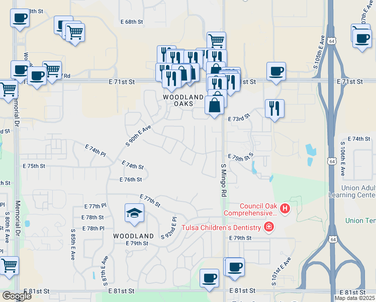 map of restaurants, bars, coffee shops, grocery stores, and more near 7511 South 94th East Avenue in Tulsa