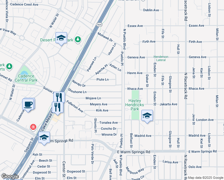 map of restaurants, bars, coffee shops, grocery stores, and more near 252 Shoshone Lane in Henderson