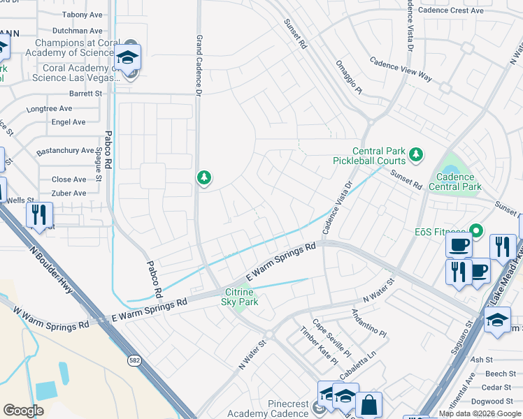 map of restaurants, bars, coffee shops, grocery stores, and more near 105 Orchestral Lane in Henderson