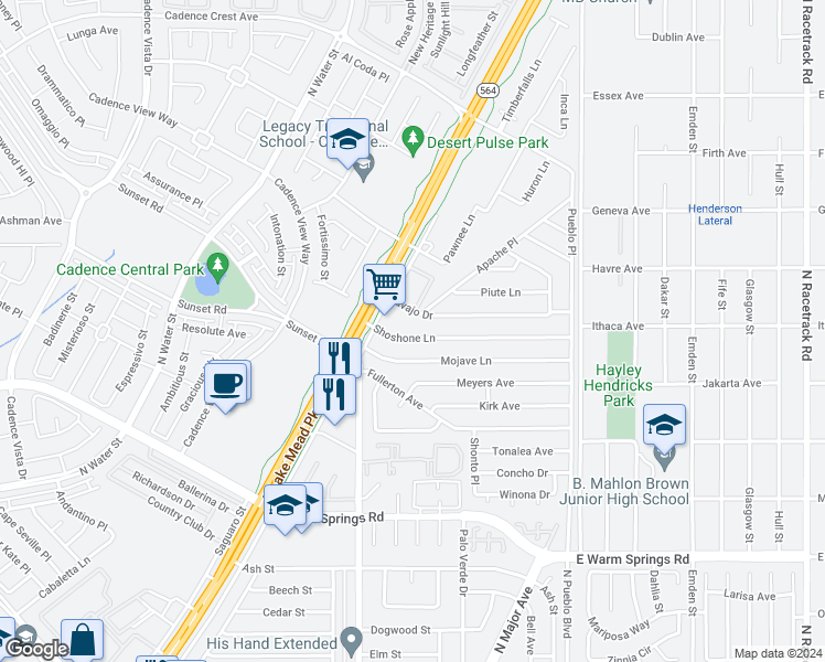 map of restaurants, bars, coffee shops, grocery stores, and more near 203 Shoshone Lane in Henderson