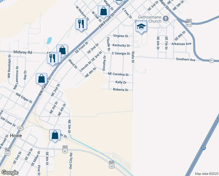 map of restaurants, bars, coffee shops, grocery stores, and more near 507 Roberta Drive in Hoxie