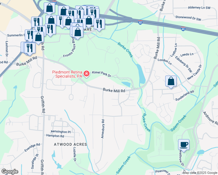 map of restaurants, bars, coffee shops, grocery stores, and more near 2989 Burke Mill Road in Winston-Salem