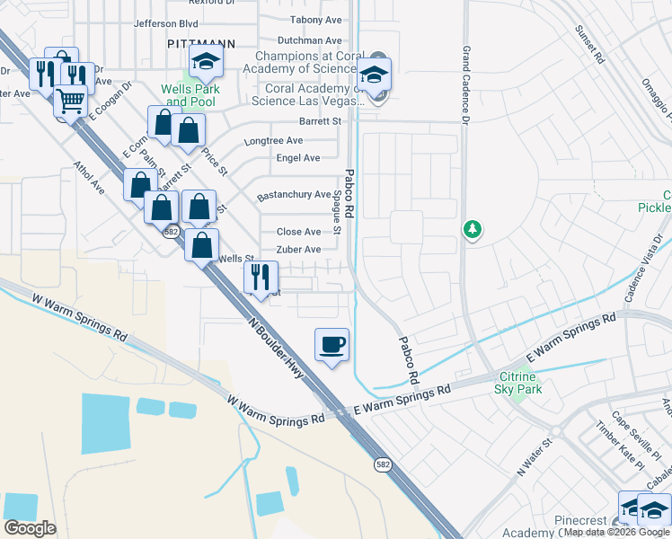 map of restaurants, bars, coffee shops, grocery stores, and more near 588 Sellers Place in Henderson