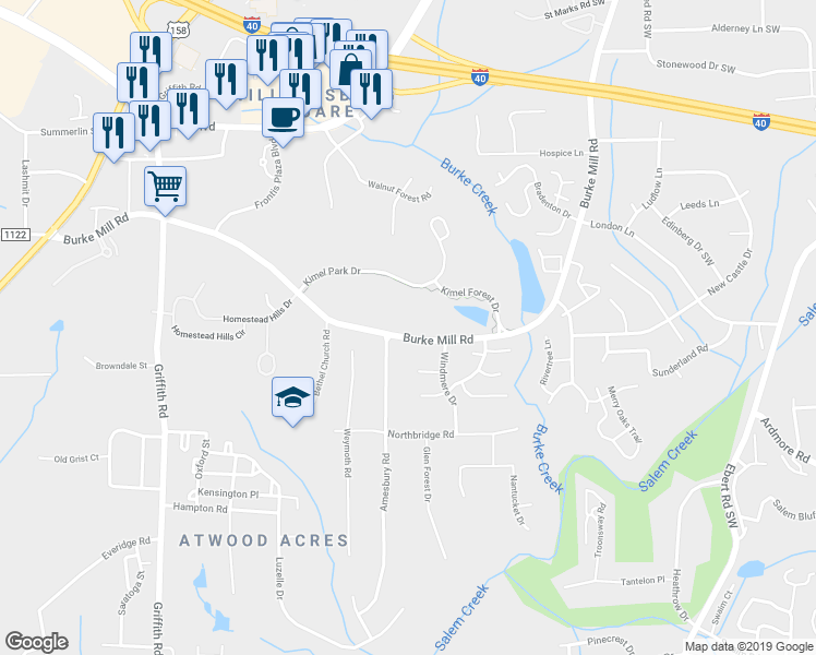 map of restaurants, bars, coffee shops, grocery stores, and more near 2989 Burke Mill Road in Winston-Salem