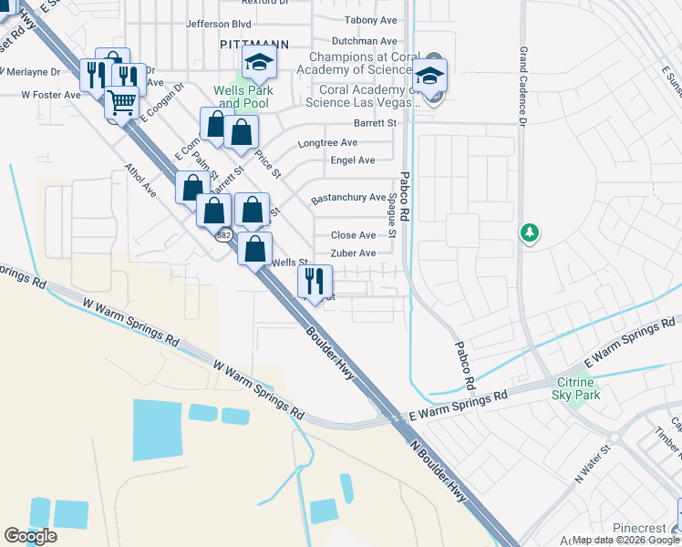 map of restaurants, bars, coffee shops, grocery stores, and more near 117 King Street in Henderson