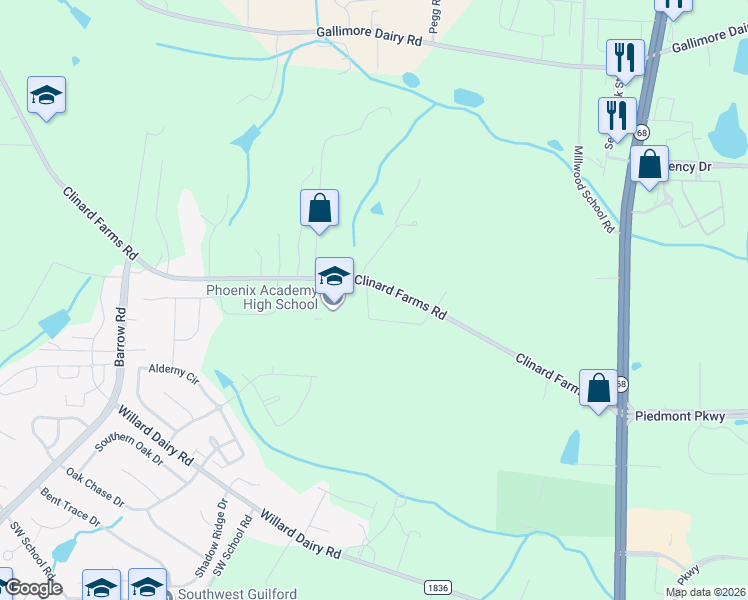 map of restaurants, bars, coffee shops, grocery stores, and more near 7841 Clinard Farms Road in High Point