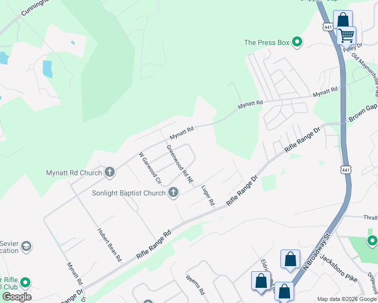 map of restaurants, bars, coffee shops, grocery stores, and more near 6517 East Garwood Circle in Knoxville