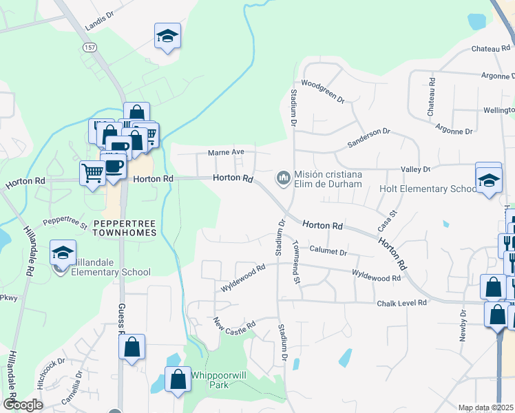 map of restaurants, bars, coffee shops, grocery stores, and more near 1200 Horton Road in Durham