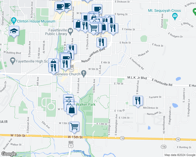 map of restaurants, bars, coffee shops, grocery stores, and more near 28 East 7th Street in Fayetteville