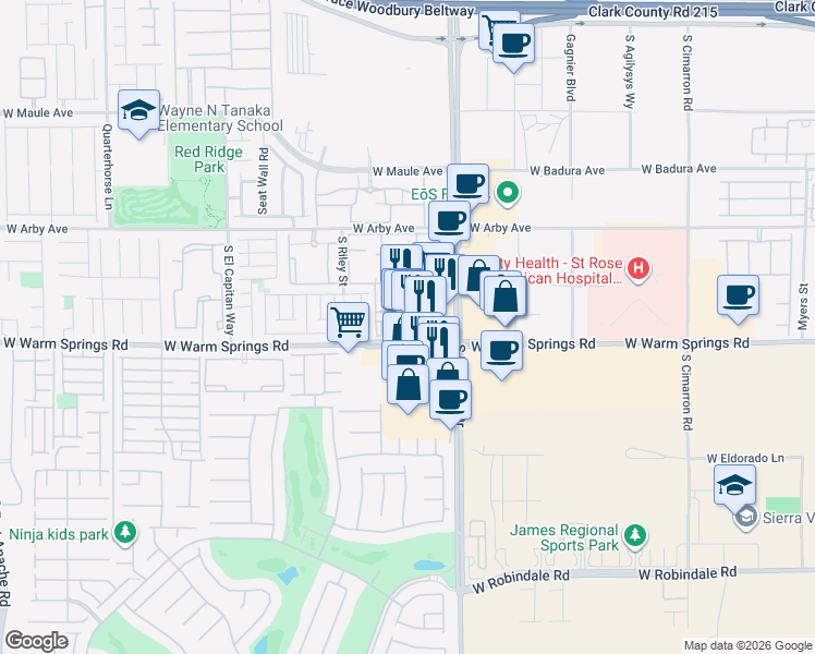 map of restaurants, bars, coffee shops, grocery stores, and more near 8680 West Warm Springs Road in Las Vegas