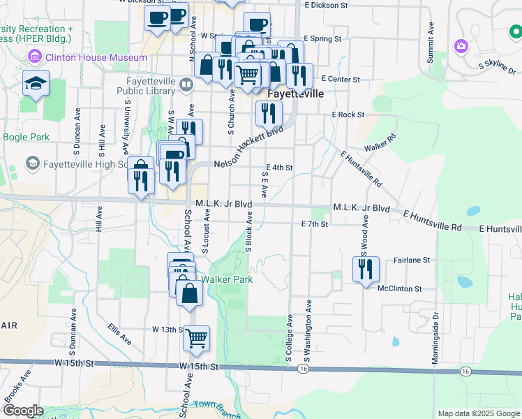 map of restaurants, bars, coffee shops, grocery stores, and more near 15 W Martin Luther King Blvd in Fayetteville