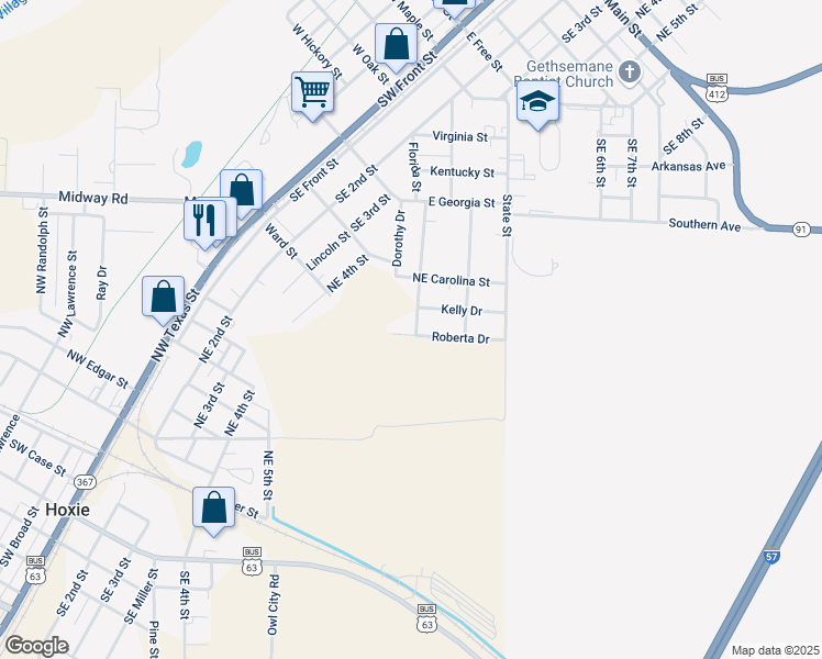 map of restaurants, bars, coffee shops, grocery stores, and more near 507 Roberta Drive in Hoxie