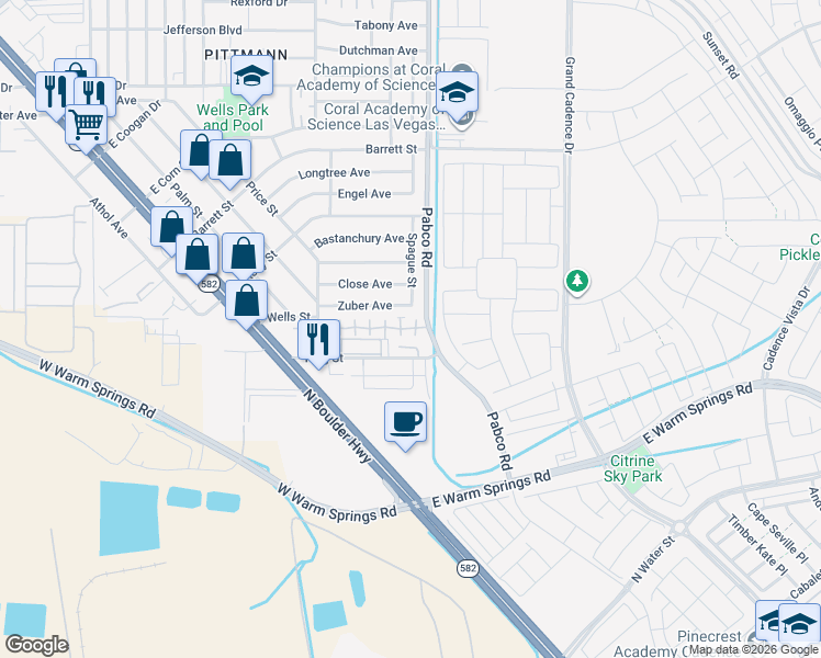 map of restaurants, bars, coffee shops, grocery stores, and more near 588 Sellers Place in Henderson