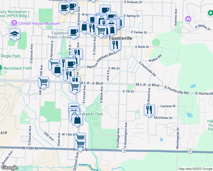 map of restaurants, bars, coffee shops, grocery stores, and more near 28 East 7th Street in Fayetteville