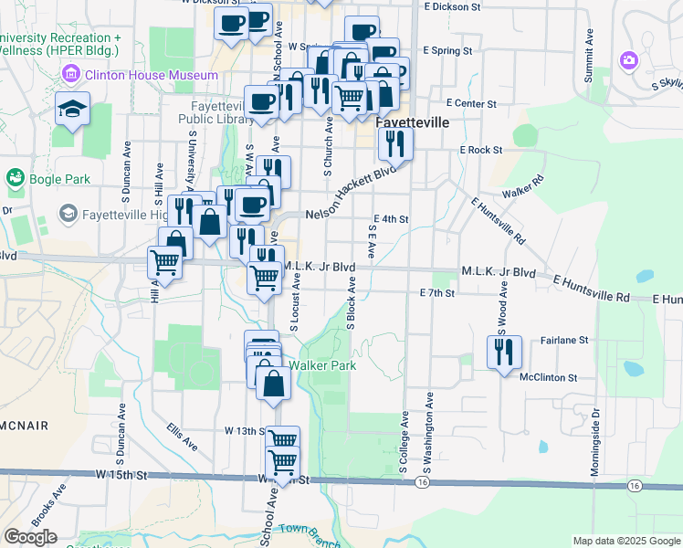 map of restaurants, bars, coffee shops, grocery stores, and more near 693 South Block Avenue in Fayetteville