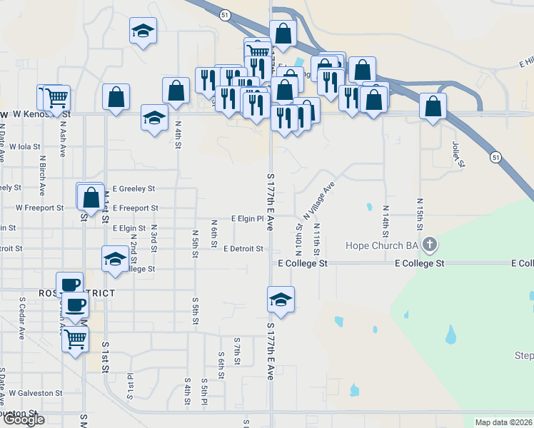 map of restaurants, bars, coffee shops, grocery stores, and more near 845 East Elgin Place in Broken Arrow