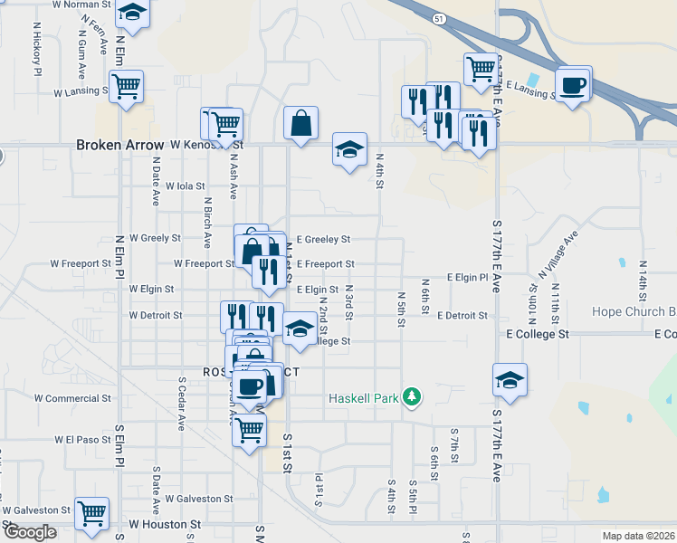 map of restaurants, bars, coffee shops, grocery stores, and more near 316 East Elgin Street in Broken Arrow