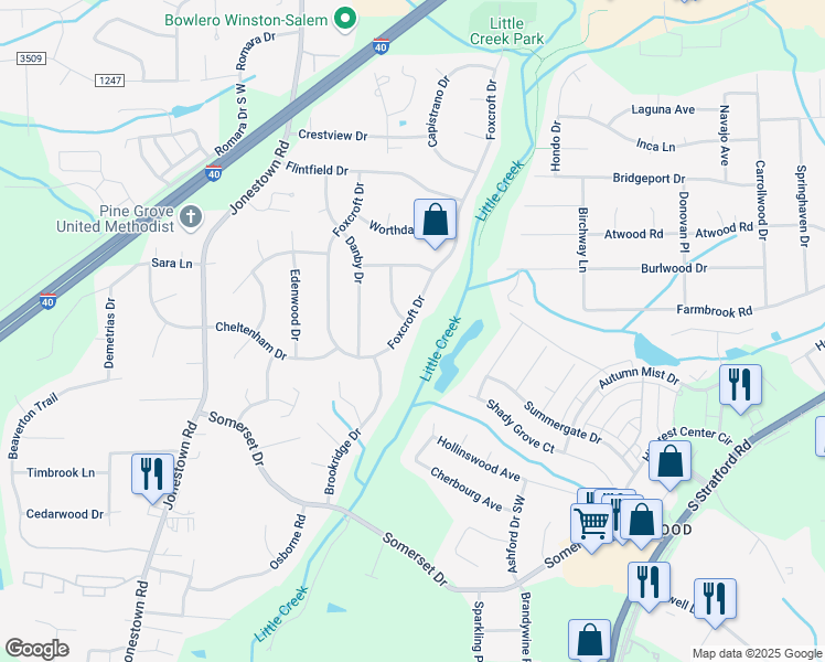 map of restaurants, bars, coffee shops, grocery stores, and more near 314 Foxcroft Drive in Winston-Salem
