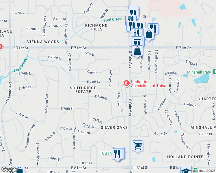 map of restaurants, bars, coffee shops, grocery stores, and more near 7434 South Urbana Avenue in Tulsa
