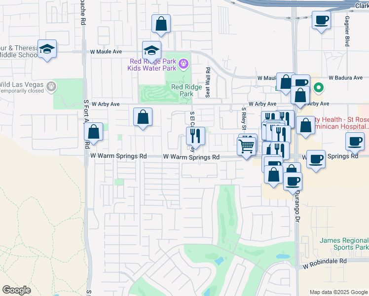 map of restaurants, bars, coffee shops, grocery stores, and more near 9050 West Warm Springs Road in Las Vegas