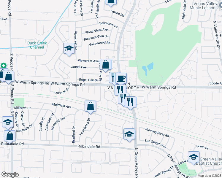 map of restaurants, bars, coffee shops, grocery stores, and more near 3125 West Warm Springs Road in Henderson