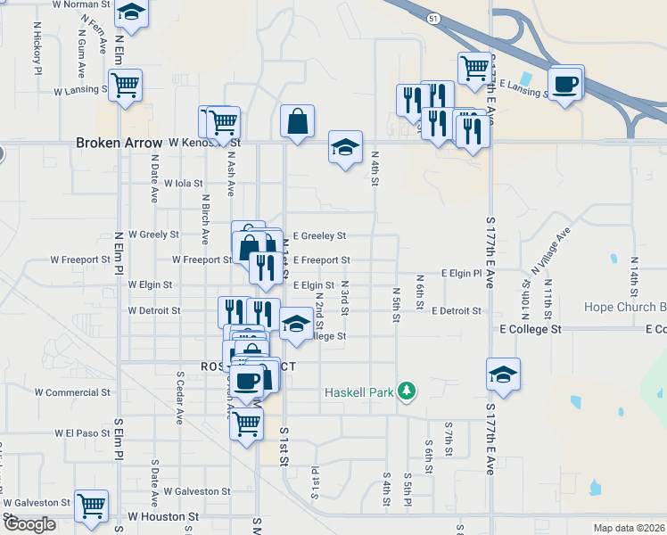 map of restaurants, bars, coffee shops, grocery stores, and more near 316 East Elgin Street in Broken Arrow