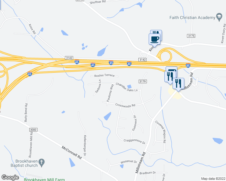 map of restaurants, bars, coffee shops, grocery stores, and more near 1409 Paulonia Way in McLeansville