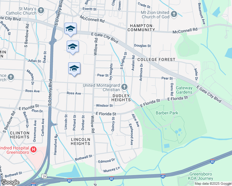 map of restaurants, bars, coffee shops, grocery stores, and more near 1405 Brown Boulevard in Greensboro