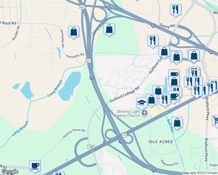 map of restaurants, bars, coffee shops, grocery stores, and more near 5801 Battery Drive in Greensboro
