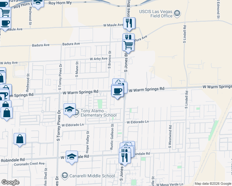 map of restaurants, bars, coffee shops, grocery stores, and more near 7306 Blanco Peak Street in Las Vegas