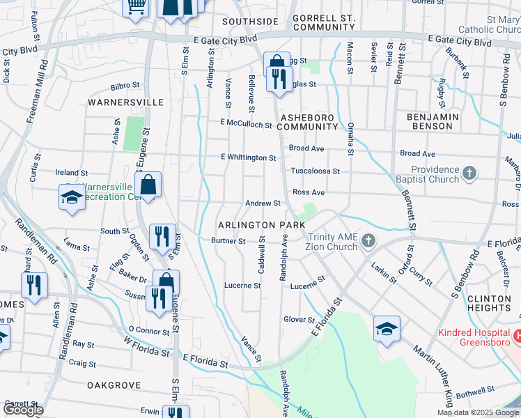 map of restaurants, bars, coffee shops, grocery stores, and more near 410 Andrew Street in Greensboro