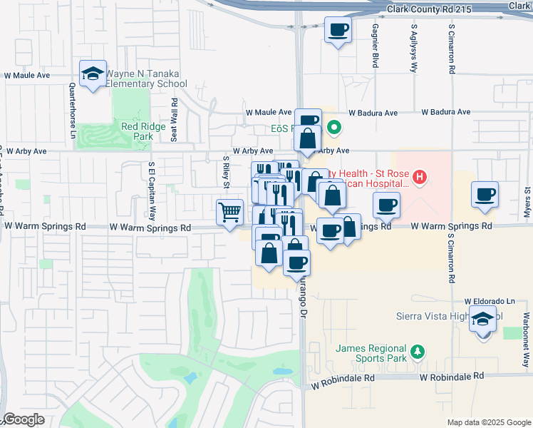 map of restaurants, bars, coffee shops, grocery stores, and more near 8680 West Warm Springs Road in Las Vegas