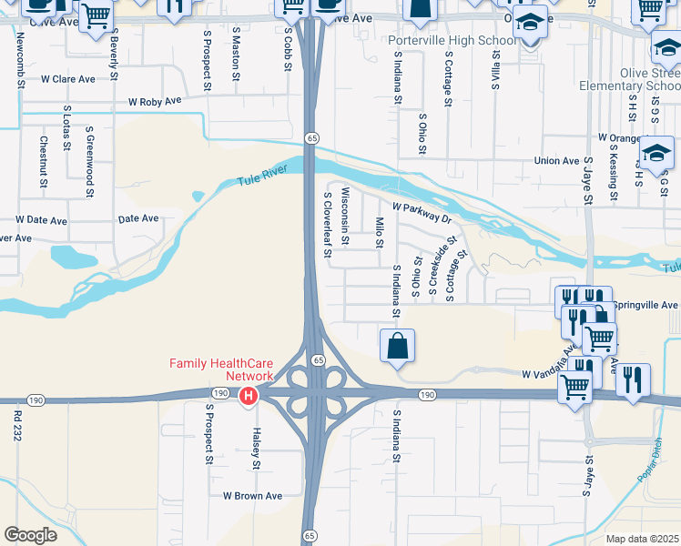 map of restaurants, bars, coffee shops, grocery stores, and more near 973 West Cleo Avenue in Porterville