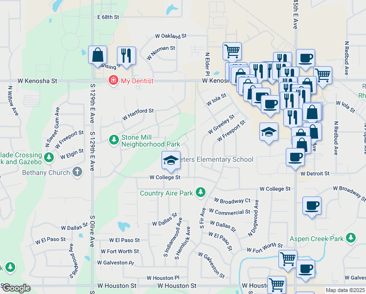 map of restaurants, bars, coffee shops, grocery stores, and more near 313 North Hemlock Avenue in Broken Arrow