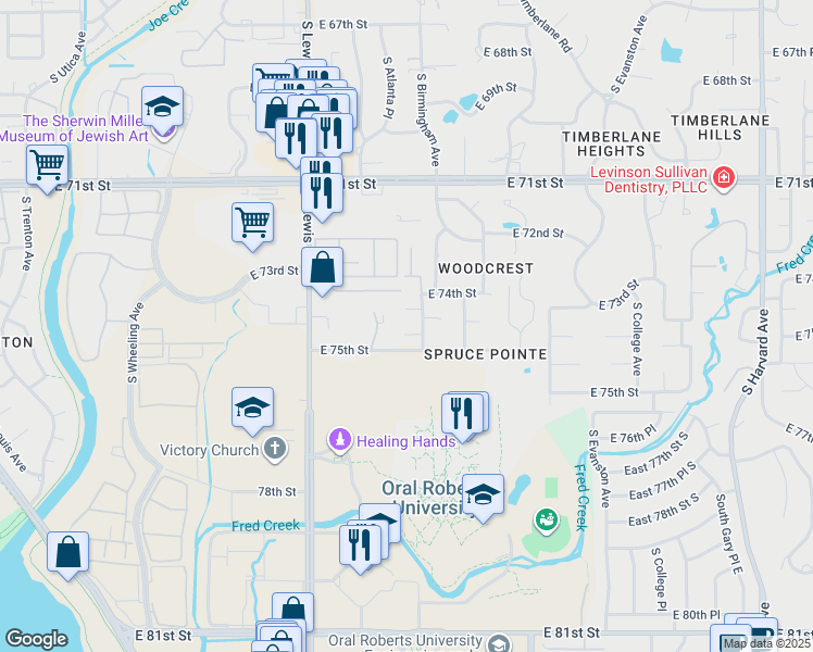 map of restaurants, bars, coffee shops, grocery stores, and more near 2521 East 74th Court in Tulsa