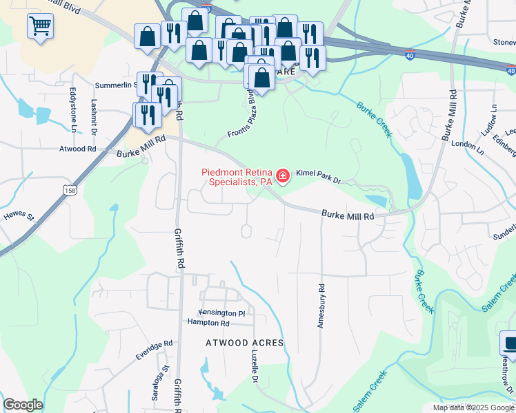 map of restaurants, bars, coffee shops, grocery stores, and more near 2101 Homestead Hills Drive in Winston-Salem