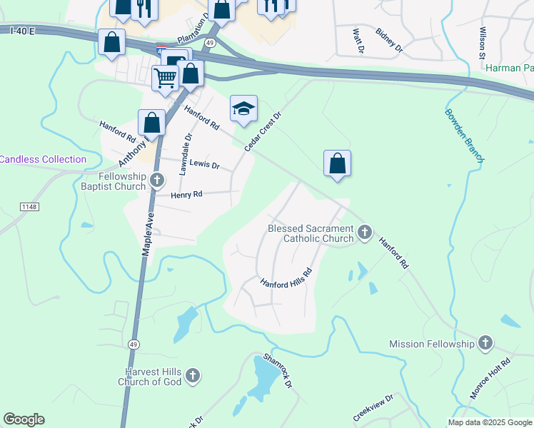 map of restaurants, bars, coffee shops, grocery stores, and more near Ole Richmond Court in Graham