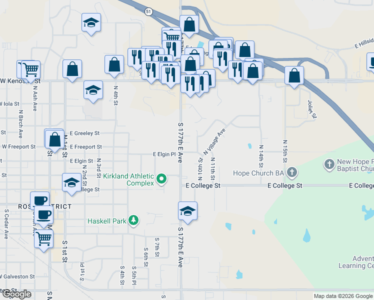 map of restaurants, bars, coffee shops, grocery stores, and more near 845 East Elgin Place in Broken Arrow