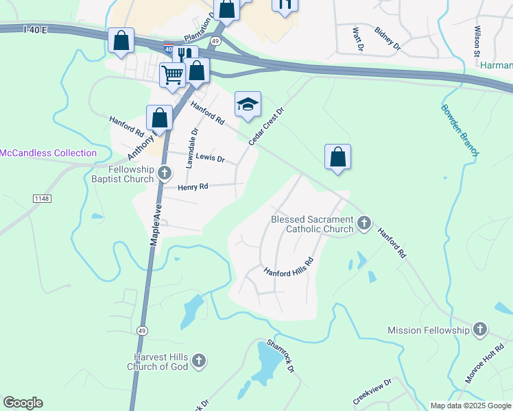 map of restaurants, bars, coffee shops, grocery stores, and more near Ole Richmond Court in Graham