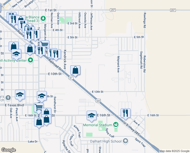 map of restaurants, bars, coffee shops, grocery stores, and more near 901-1209 Hoffman Road in Dalhart