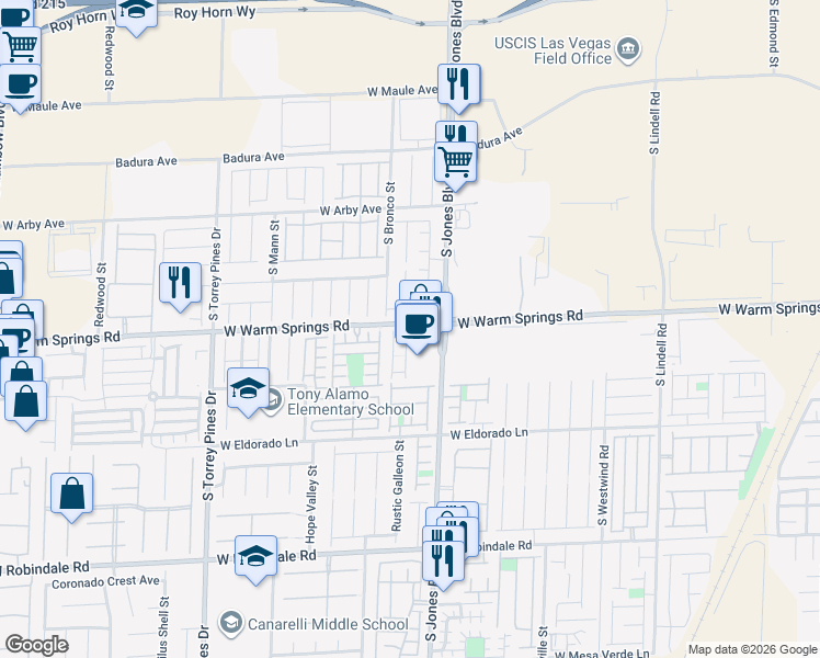 map of restaurants, bars, coffee shops, grocery stores, and more near 7306 Blanco Peak Street in Las Vegas