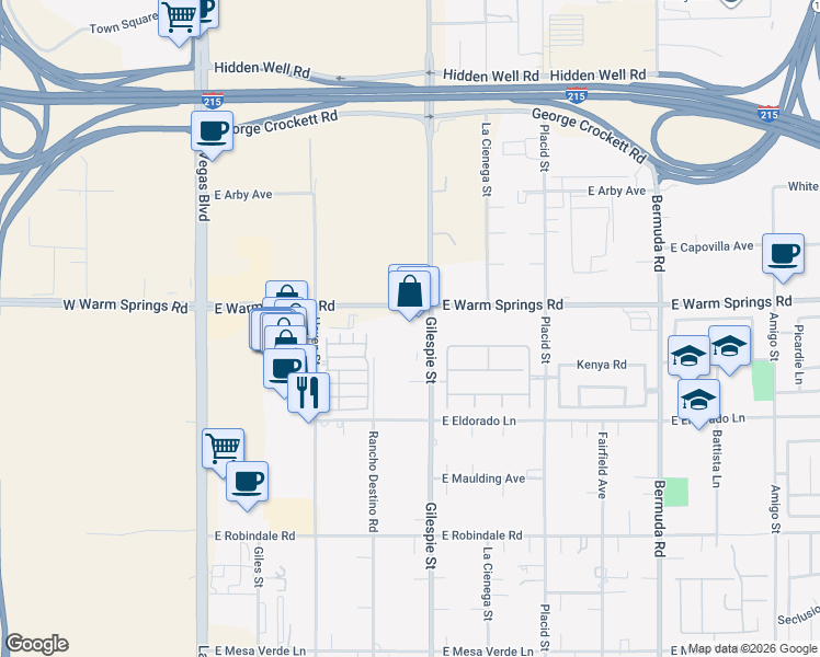 map of restaurants, bars, coffee shops, grocery stores, and more near 163 East Warm Springs Road in Las Vegas