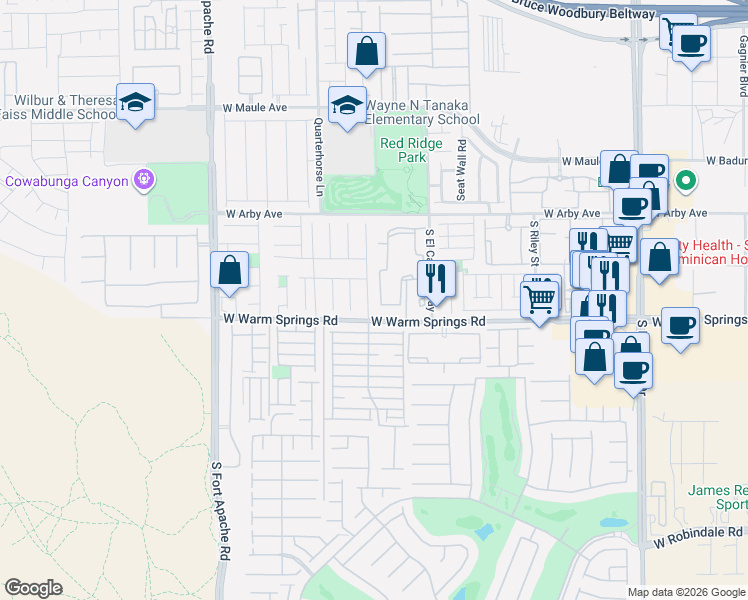 map of restaurants, bars, coffee shops, grocery stores, and more near 9050 West Warm Springs Road in Las Vegas